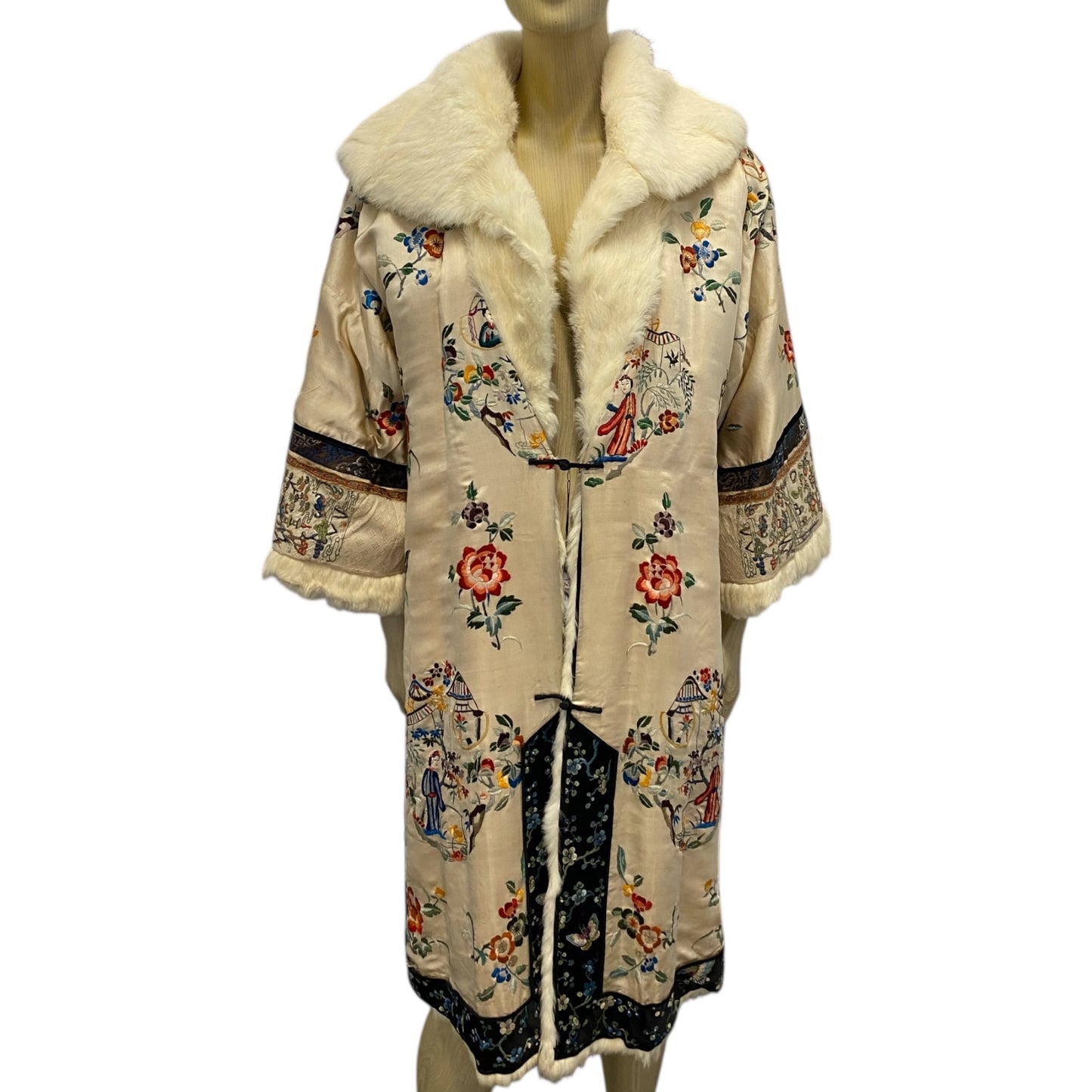Circa 19th Century Chinese Silk Embroidered Rabbit Fur Lined Coat