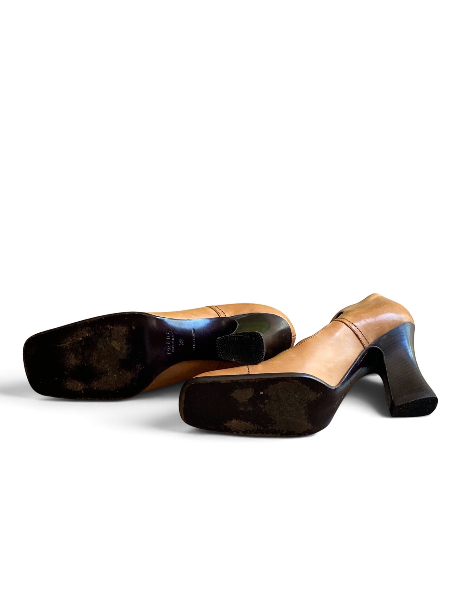 Y2K Prada Tan Maryjane Block Heels