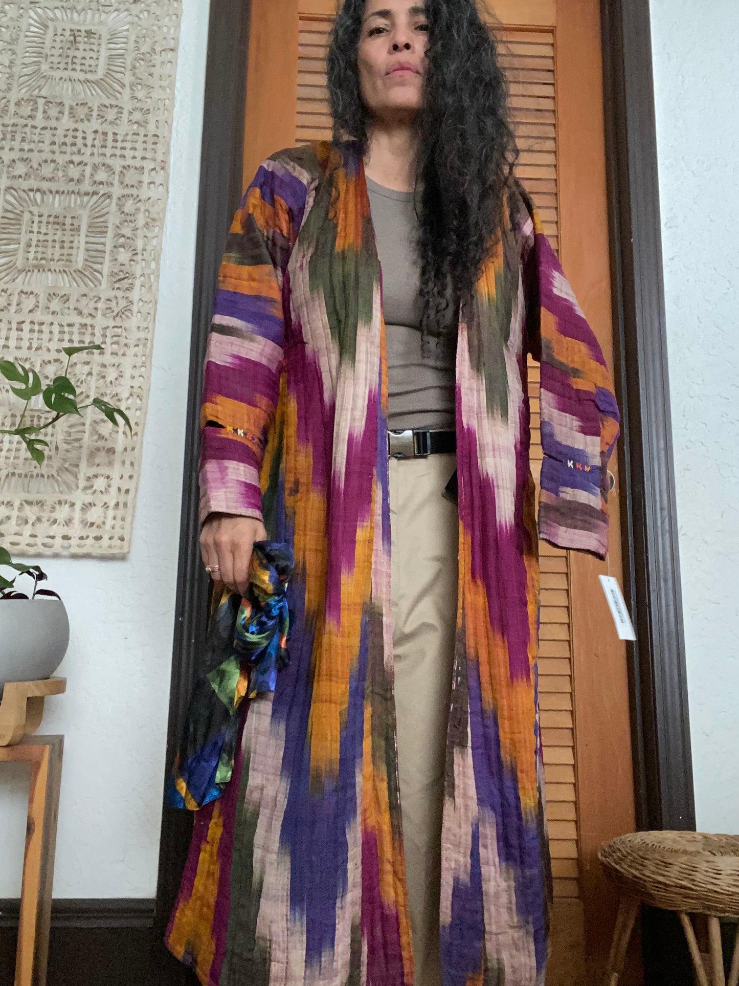 Vintage Afghan Uzbek Silk Quilted Ikat Robe Scarf Belt