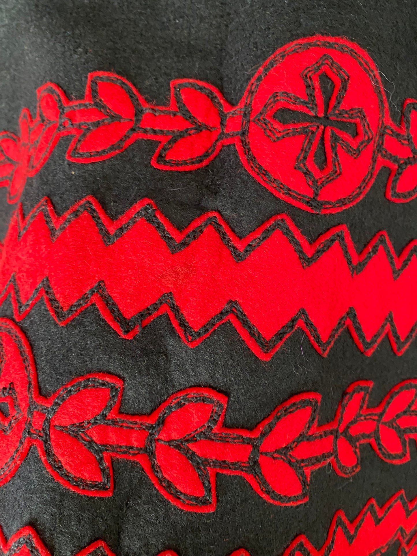 70s Anne Klein Black Felt Wool Maxi Skirt Red Applique Decorative Detail