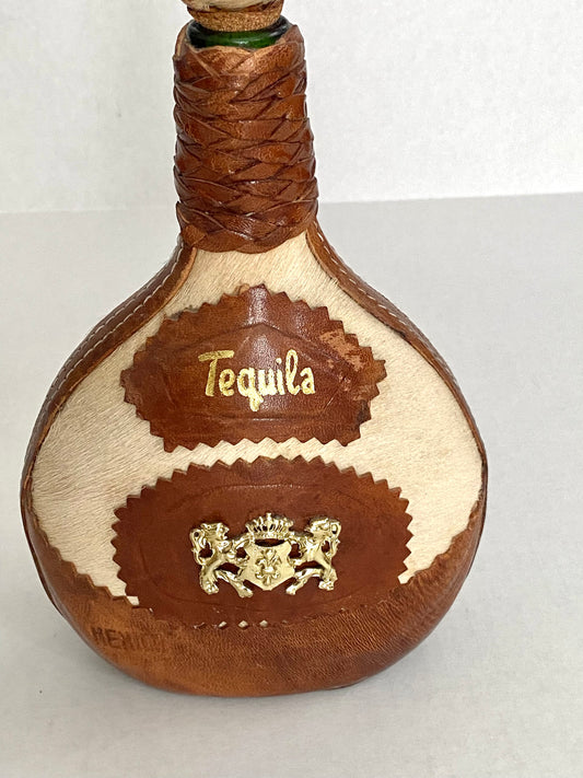 Mid Century Mexican Cowhide Leather Tequila Bottle