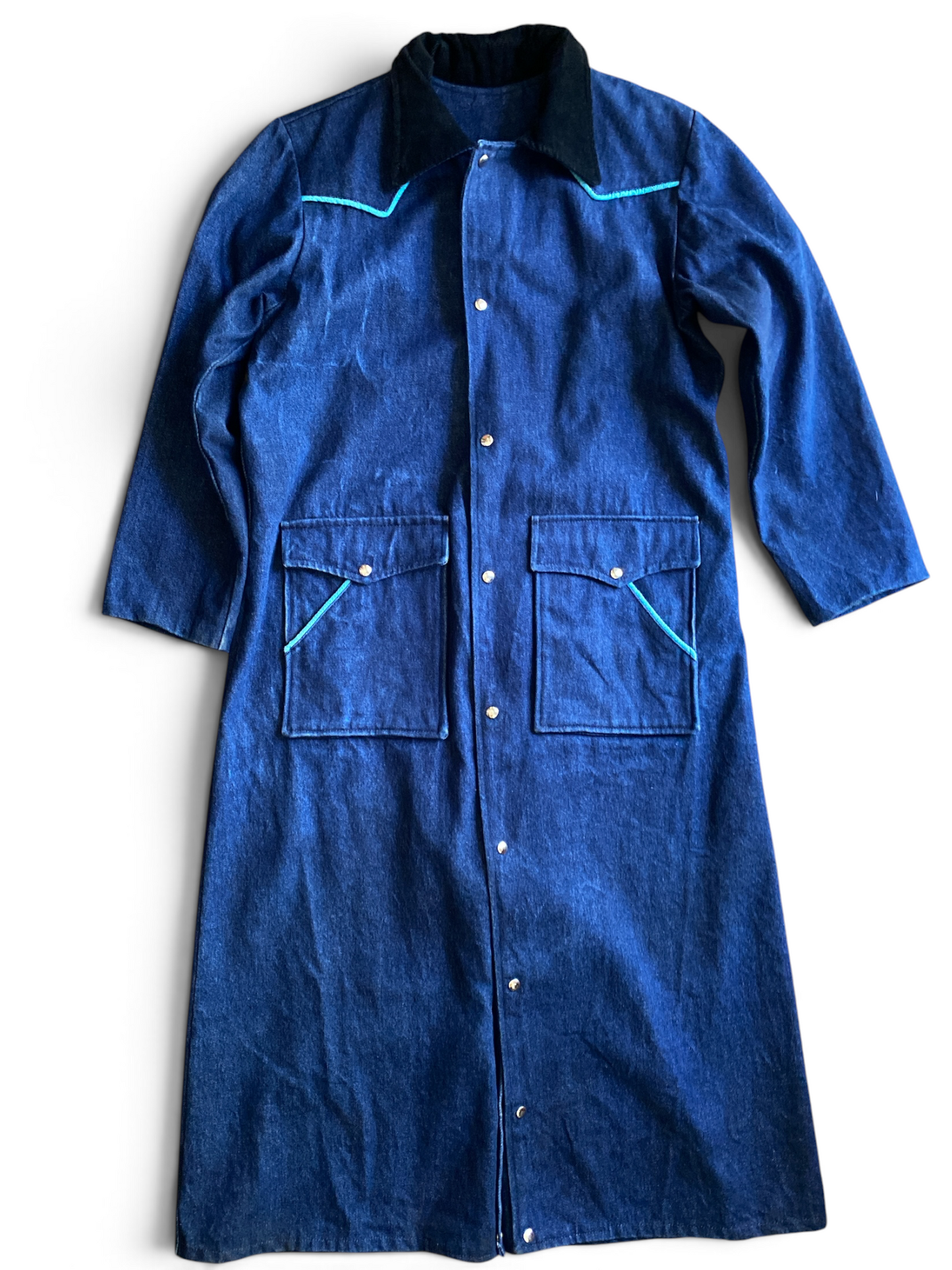Denim Duster Jacket Aqua Piping