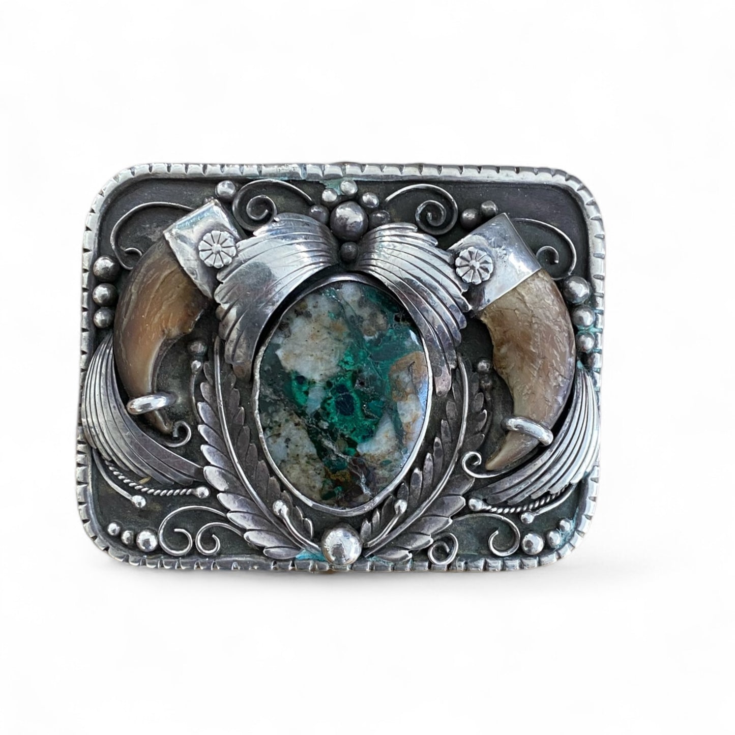 Signed Navajo Buckle Bear Claw Turquoise Stone
