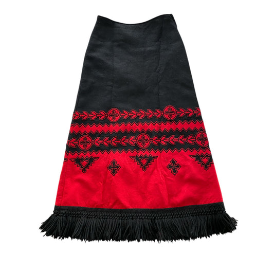 70s Anne Klein Black Felt Wool Maxi Skirt Red Applique Decorative Detail
