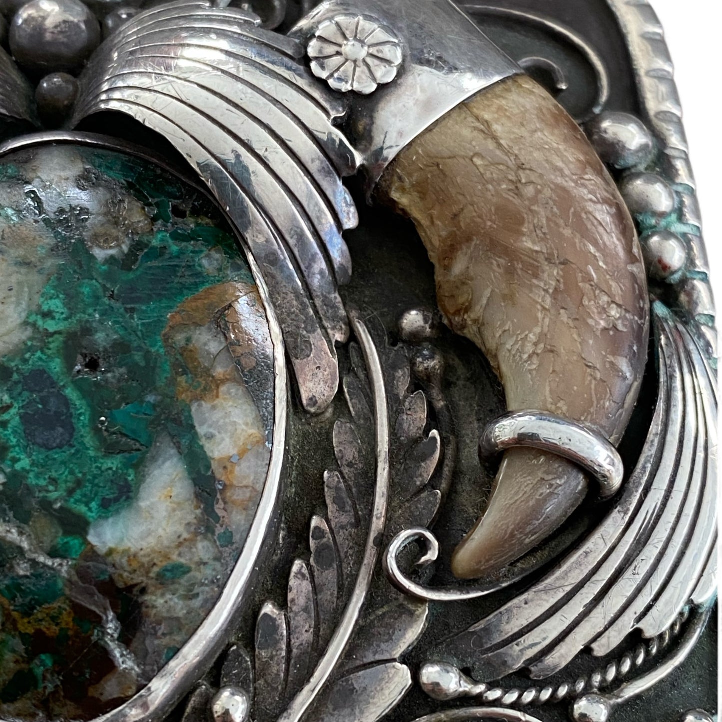 Signed Navajo Buckle Bear Claw Turquoise Stone