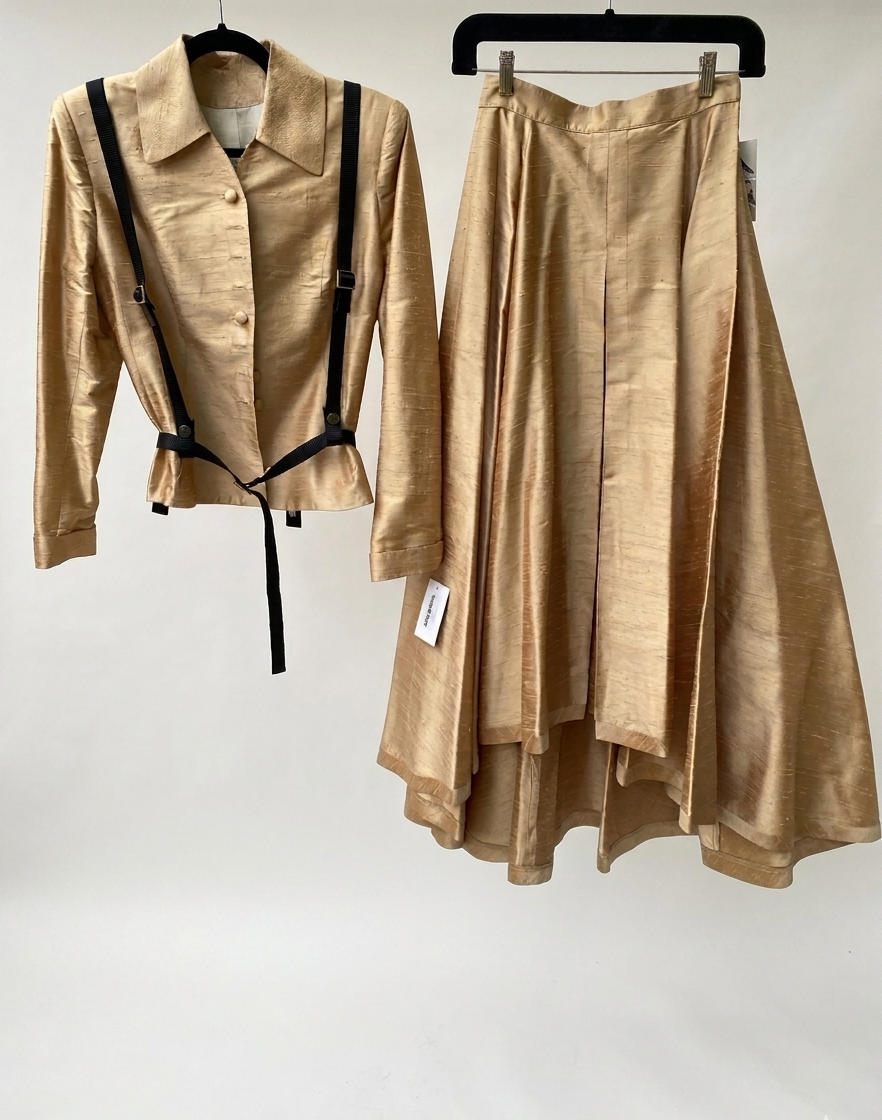 Bespoke champagne gold jacket — detail view showing fabric texture and finish