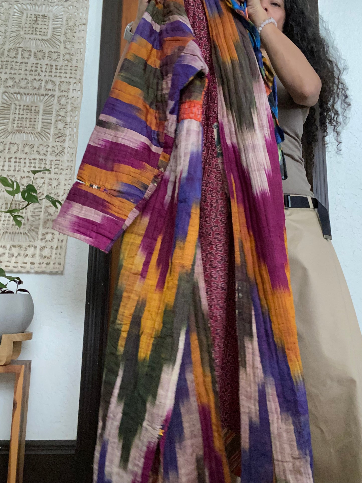 Vintage Afghan Uzbek Silk Quilted Ikat Robe Scarf Belt