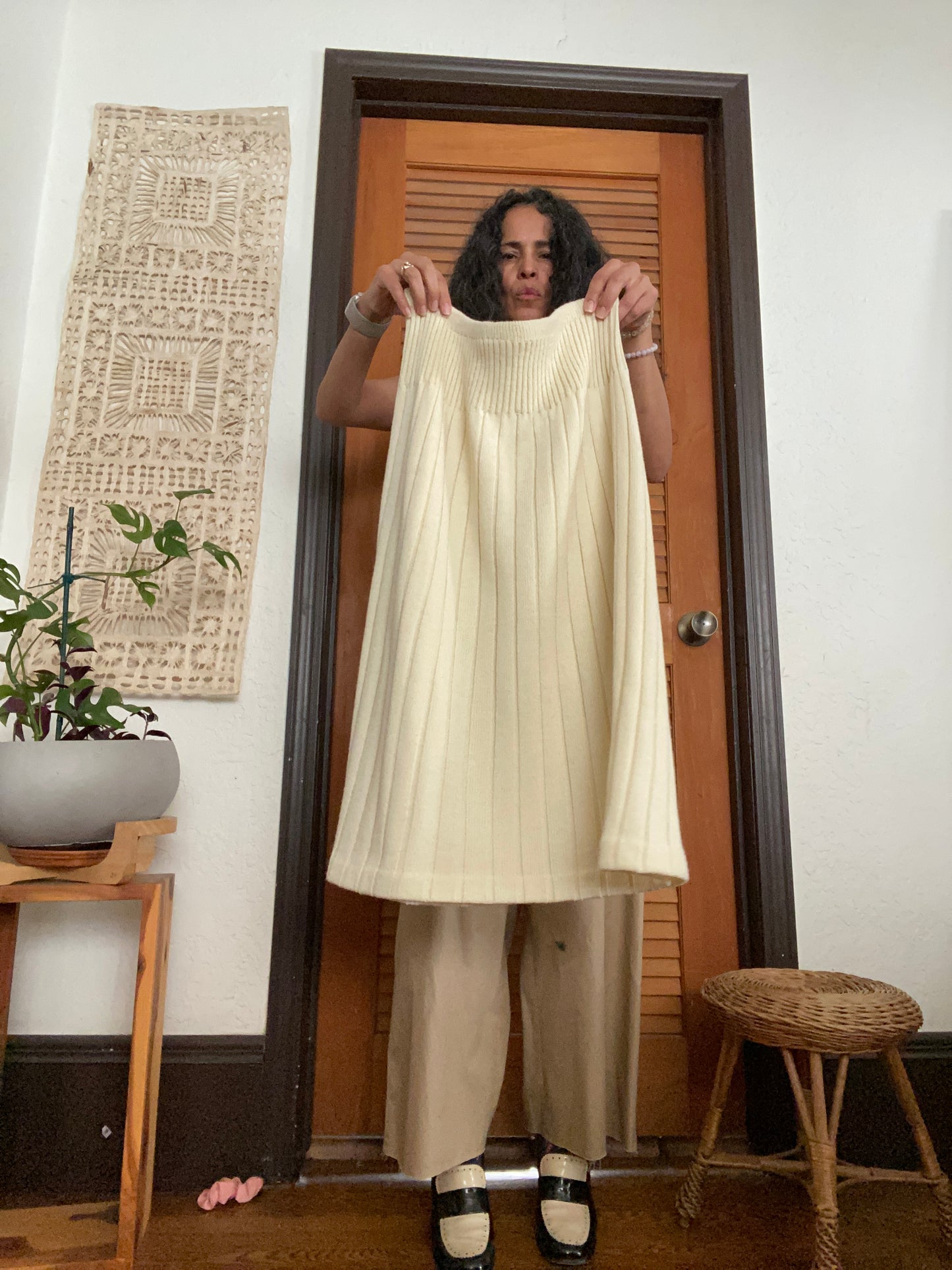 Cream Color Wool Ribbed A-Line Skirt