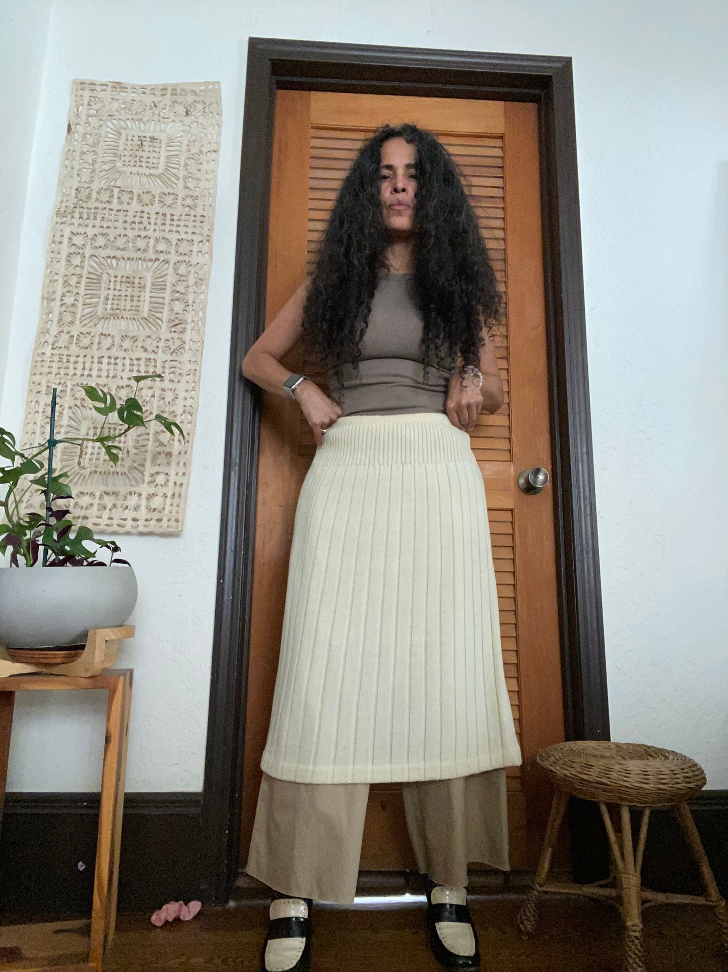 Cream Color Wool Ribbed A-Line Skirt