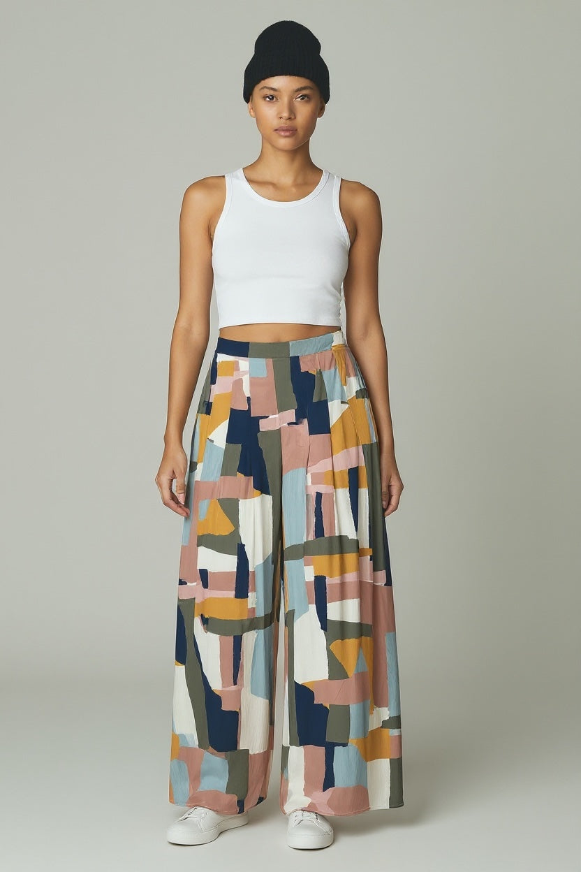 Multi Color Pleated Palazzo Pants