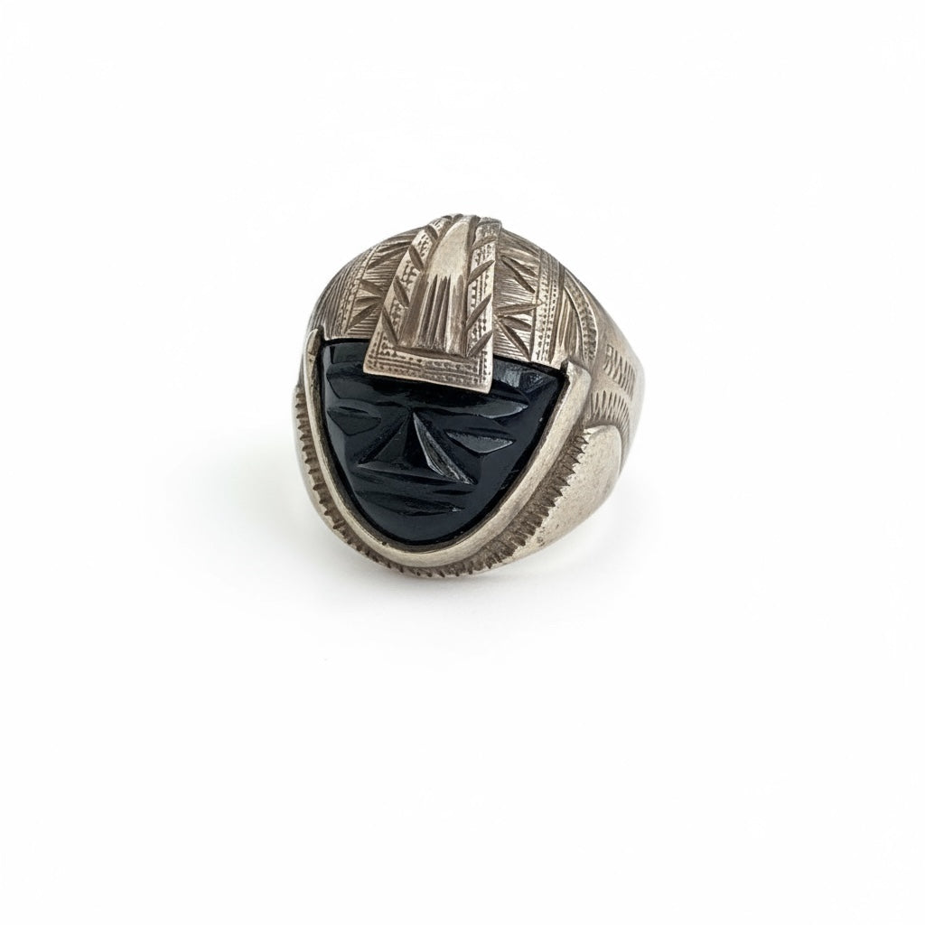 Olmec Warrior Head Onyx Head Sterling Silver Ring