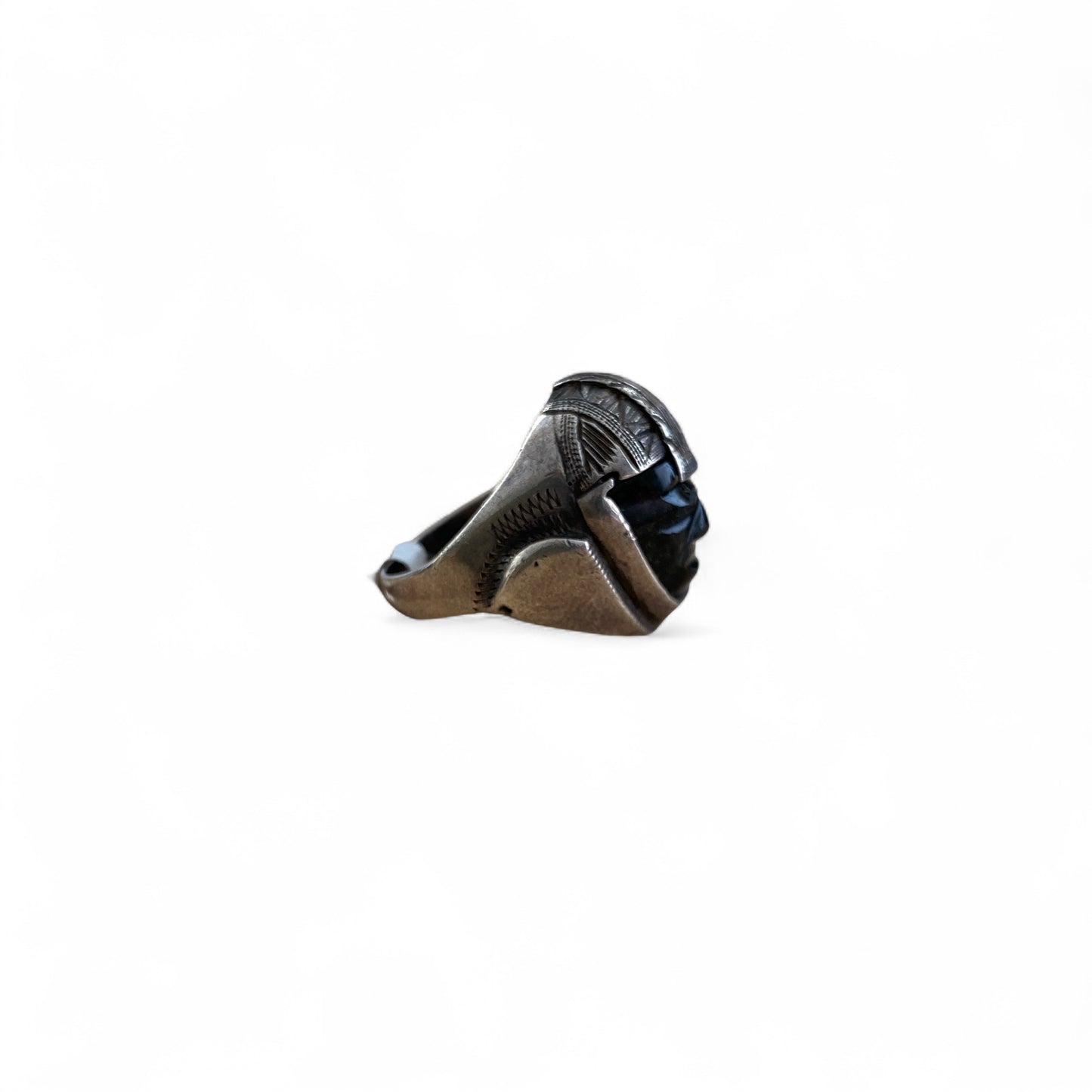 Olmec Warrior Head Onyx Head Sterling Silver Ring