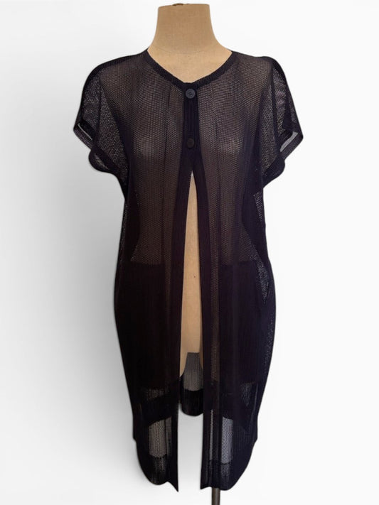 ISSEY MIYAKE Pleats Please Navy See-Through Tunic Cardigan