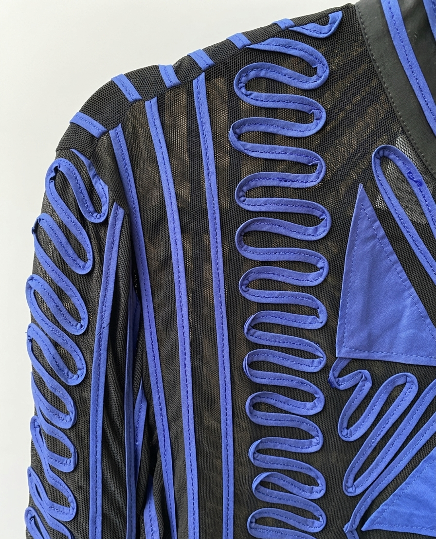 Joseph Ribkoff blue soutache sheer jacket — side view showing layering potential