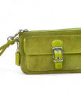 Image 1 (Front View):
Coach lime green suede wristlet with patent leather front pocket and buckle strap, shown with attached wrist strap and Coach hang tag.