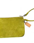Image 4 (Back View):
Back view of Coach lime green suede wristlet showing clean suede surface and wrist strap with neutral Coach tag.