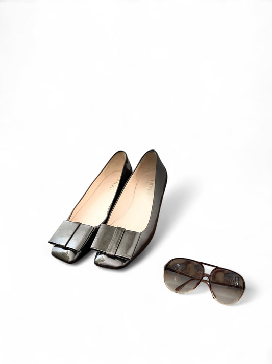 Prada Bow Shoes Gunmetal Patent Leather