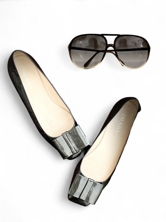 Prada Bow Shoes Gunmetal Patent Leather