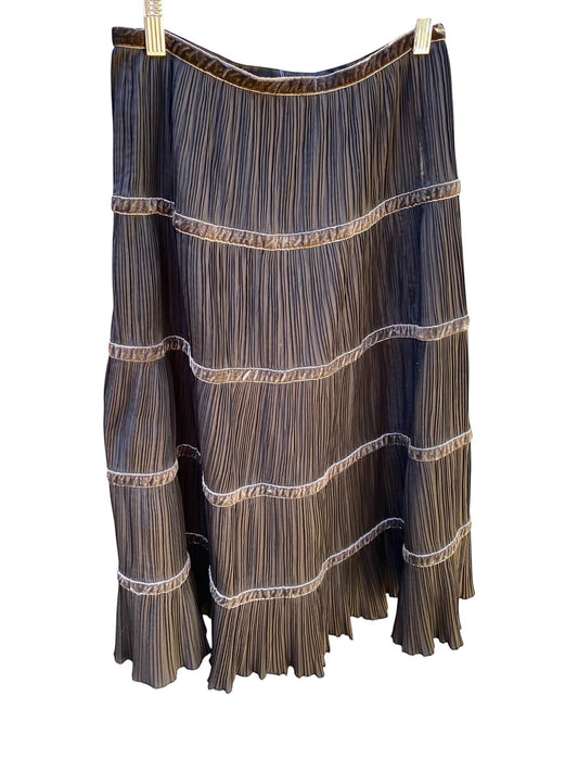 LaliSimone Max Mara tiered pleated midi skirt in dark brown with velvet trim and ruffled hem.