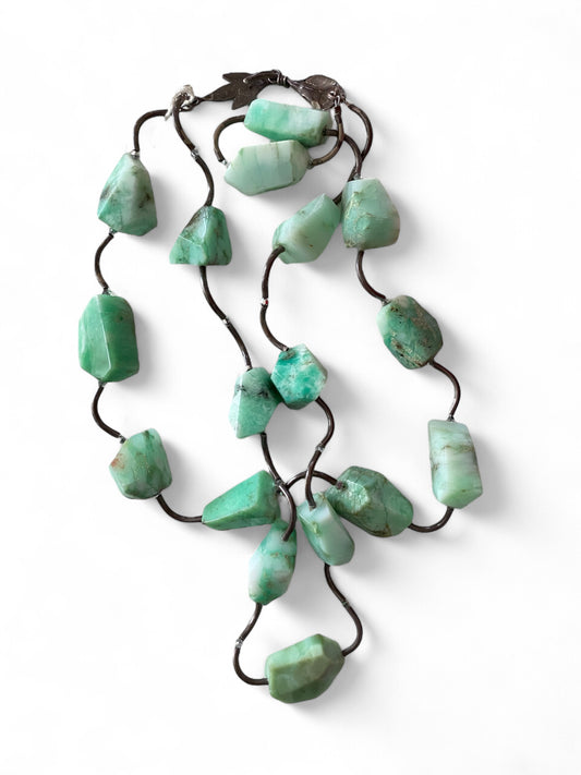 Antique Emerald Stone double tiered sterling silver necklace