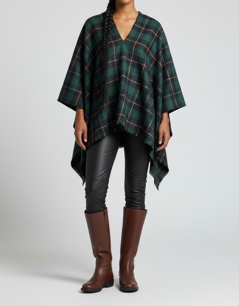 Early DKNY Green Tartan Plaid Cape Poncho