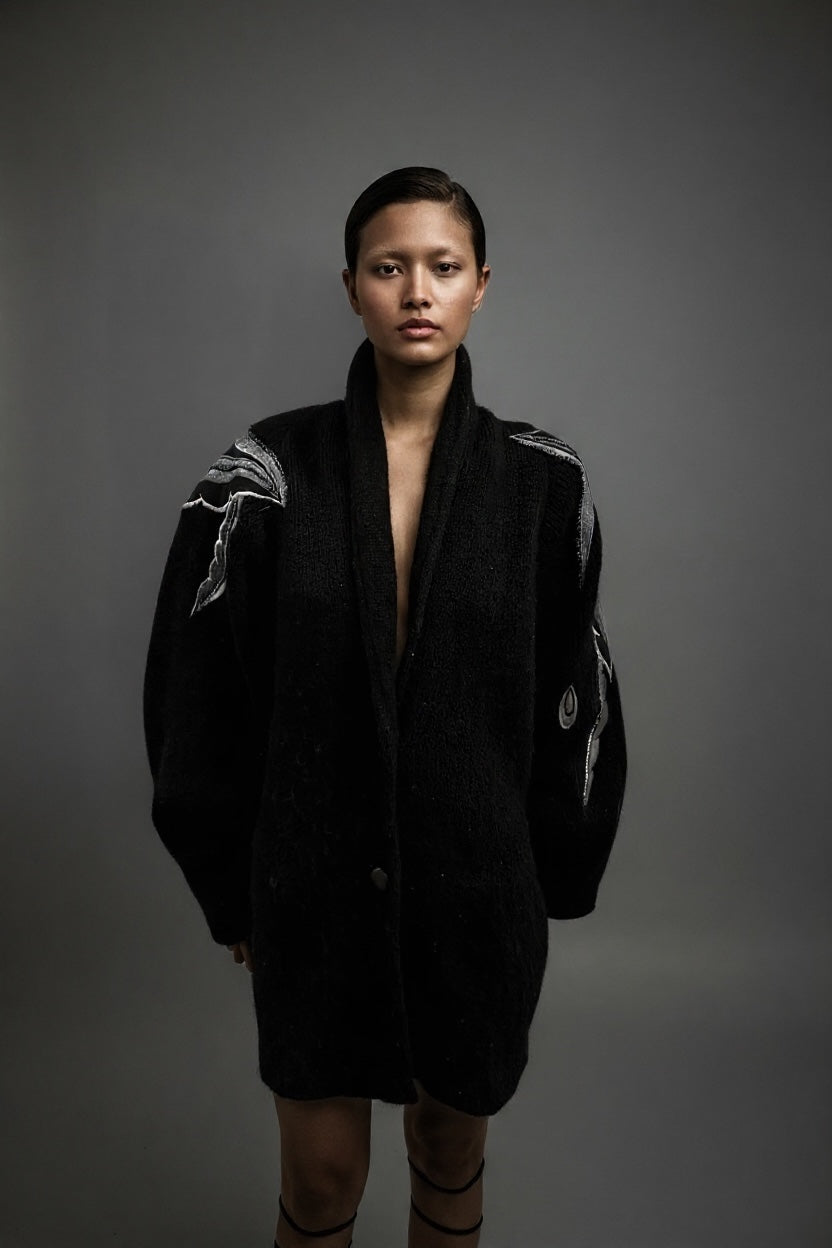 Black Cocoon Sweater with Appliqués