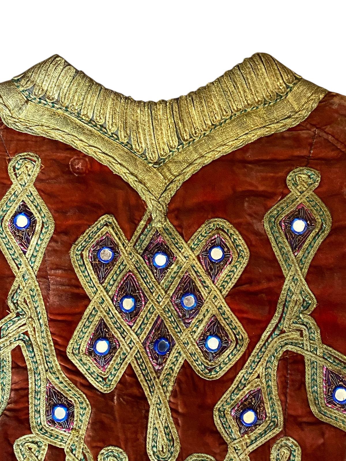 LaliSimone vintage rust-orange velvet vest with gold zardozi embroidery and reflective shisha mirror work details.