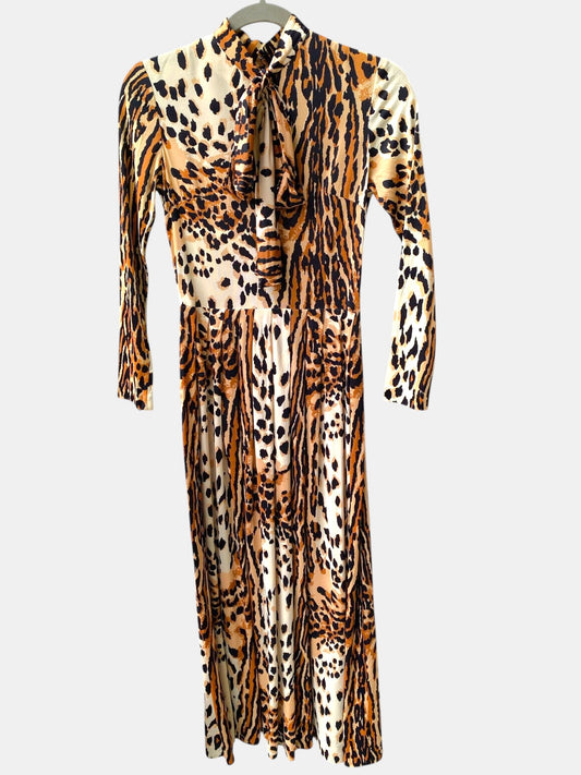 LaliSimone 50s 60s leopard print midi dress with pussy bow neckline and long sleeves.