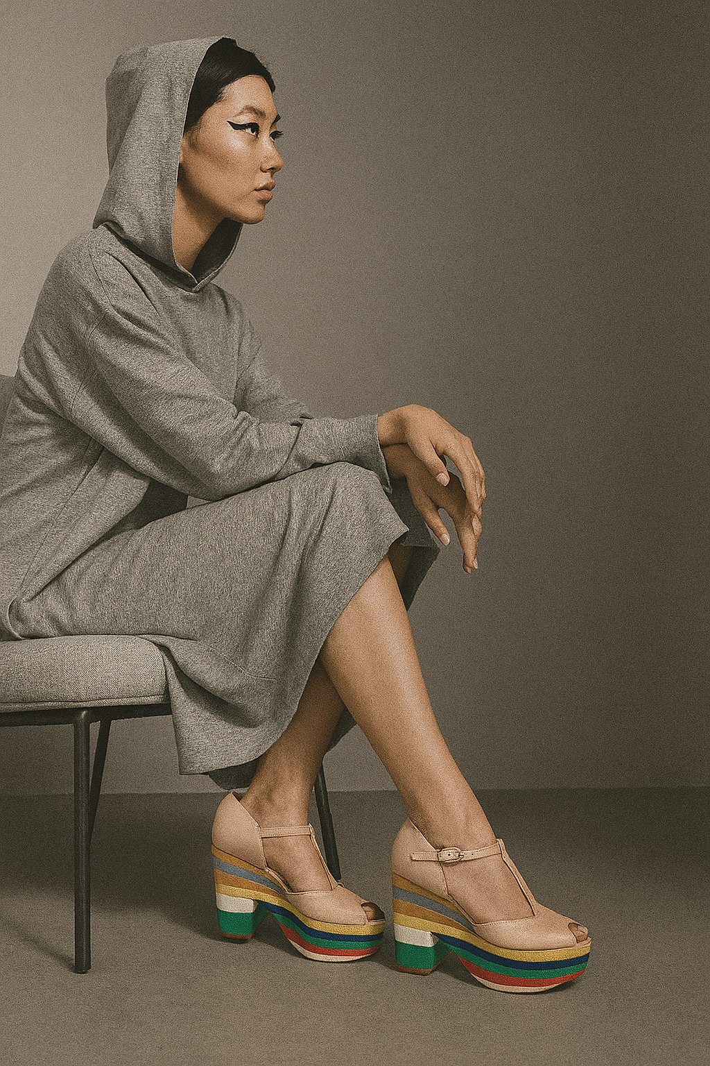 Woman sitting on a chair wearing a gray dress and colorful sandals against a plain background