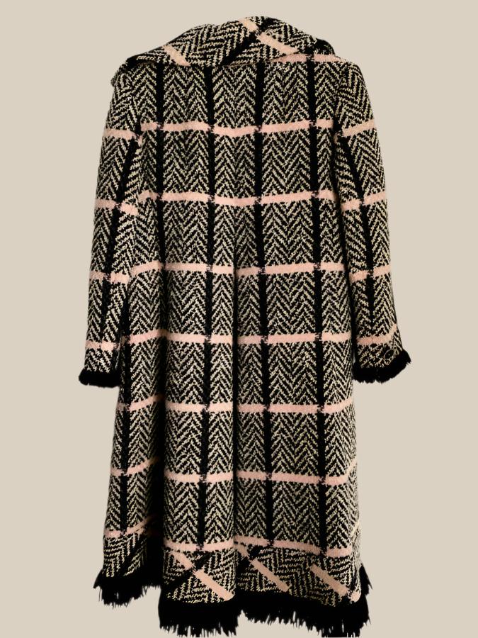 Black Pink Tweed Plaid Fringe Trapeze Coat