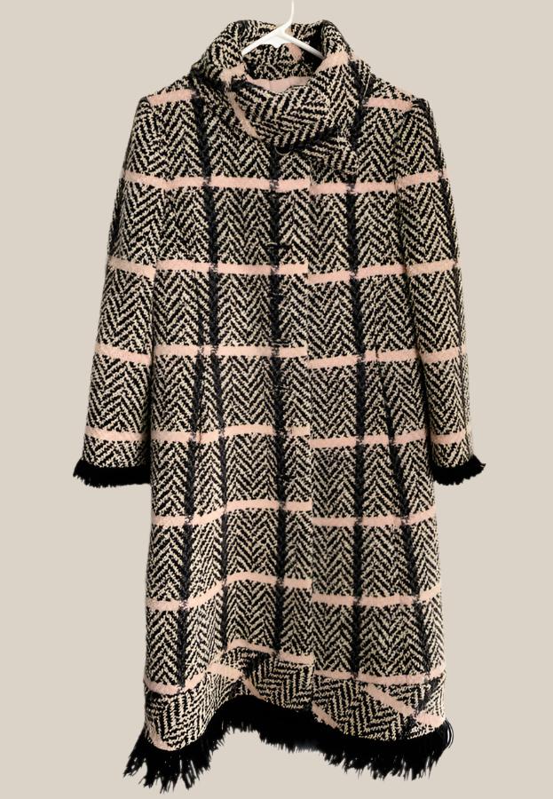 Vintage 50s 60s Black Pink Tweed Plaid Fringe Trapeze Coat