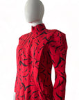 Raul Blanco Red Silk Dress Black Print
