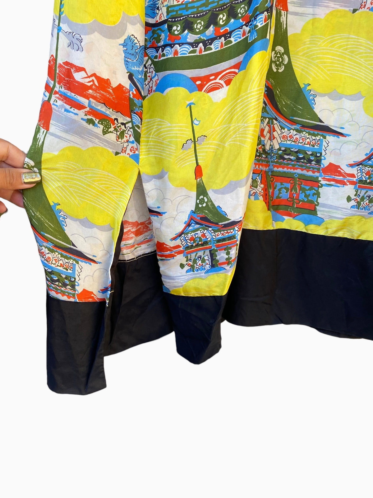 LaliSimone vintage 1940s yellow rayon Pake Muu dress featuring a detailed pagoda and sailing vessel novelty print