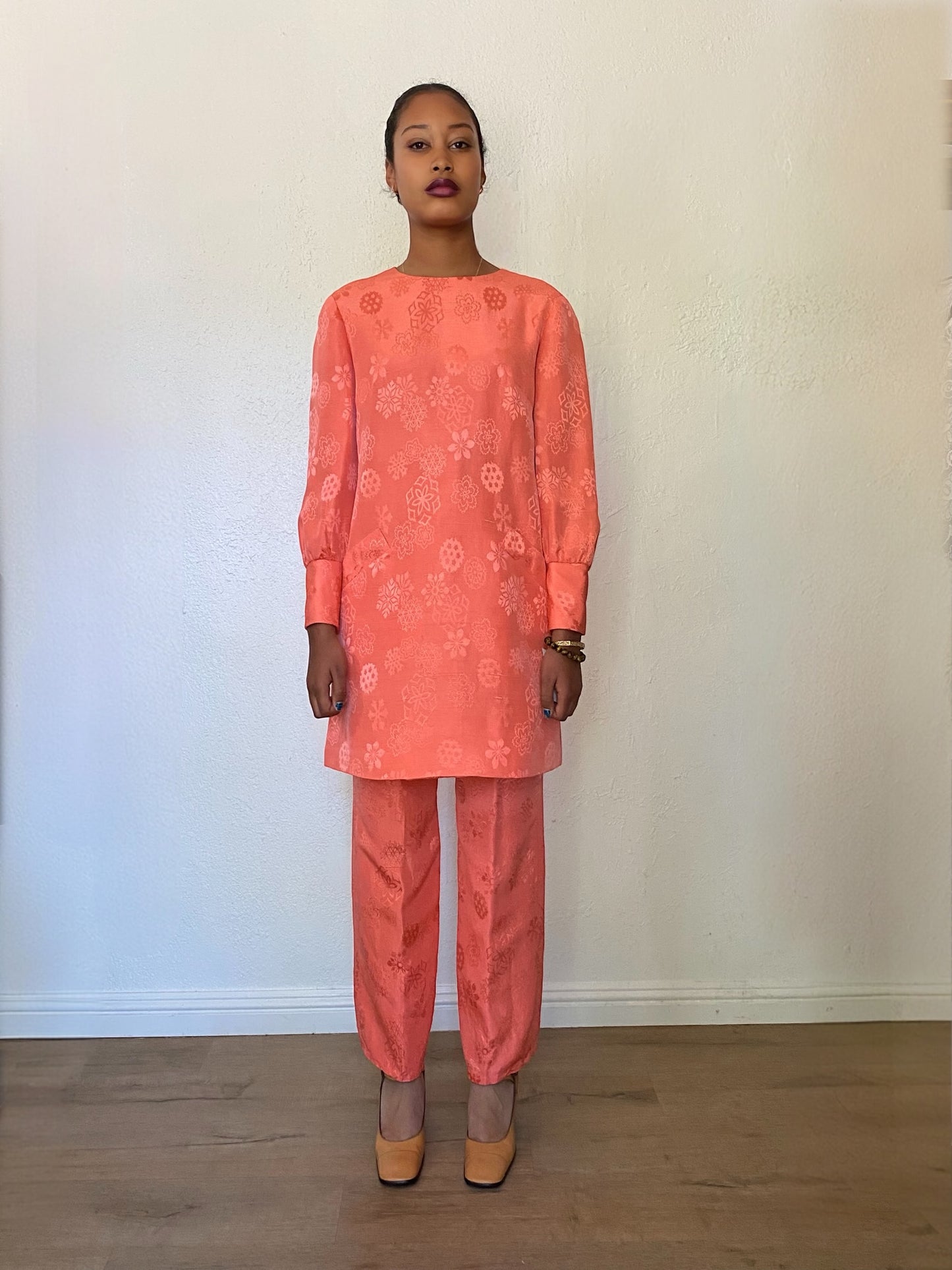 Dynasty Coral Silk Jacquard Tunic Pant Set