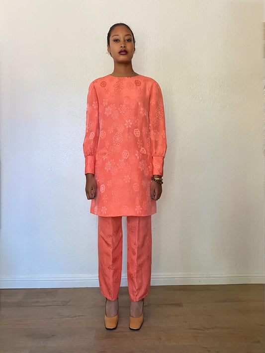 Dynasty Coral Silk Jacquard Tunic Pant Set