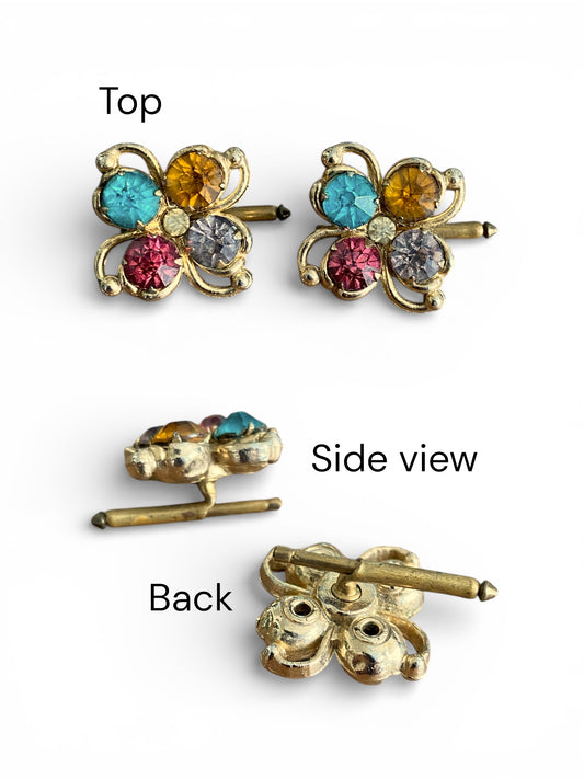 Vintage 1950s Multi-Color Rhinestone Flower Cufflinks | Brass Fixed Post Studs
