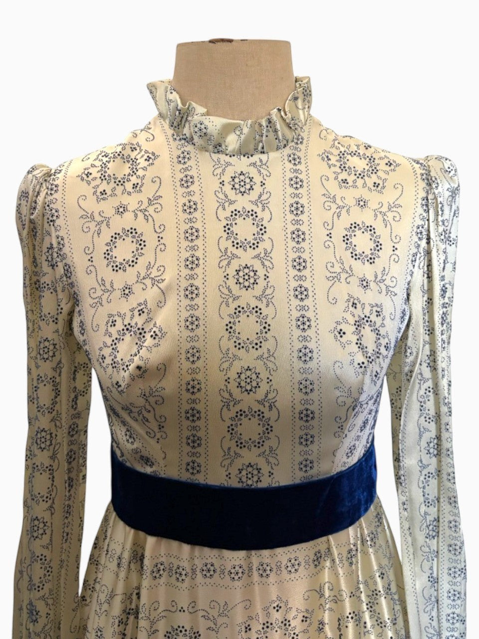 60s Flocked Satin Victorian Revival Maxi Dress