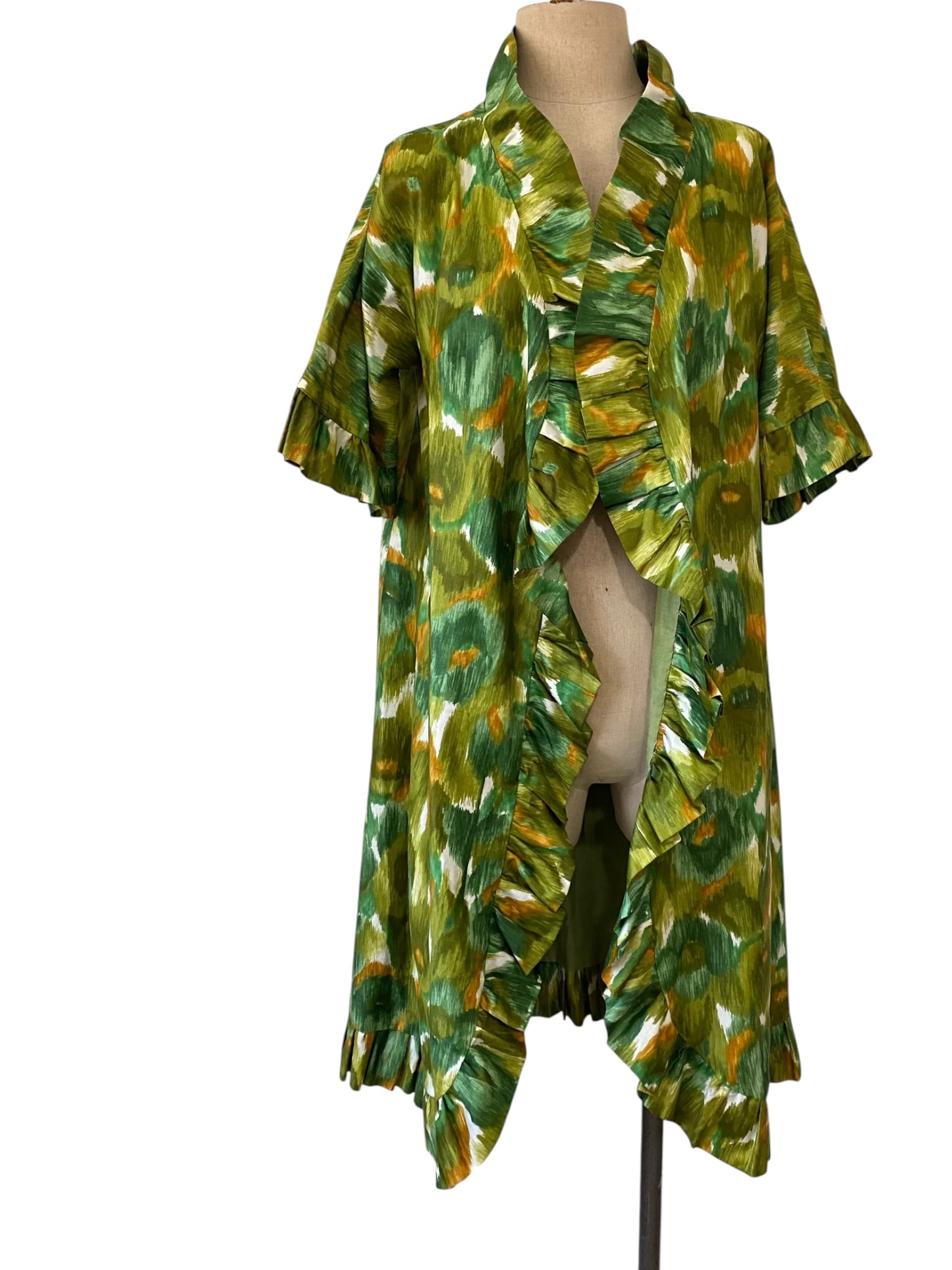 50s 60s Open Coat Abstract Watercolor Print Ruffled Trim
