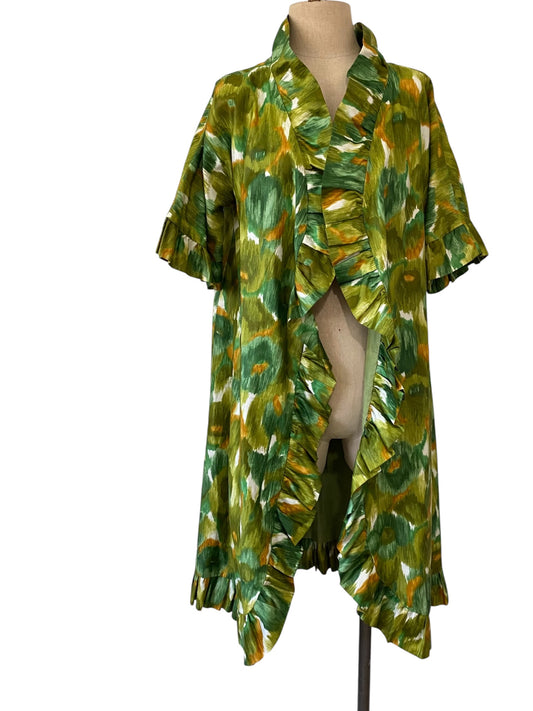 50s 60s Open Coat Abstract Watercolor Print Ruffled Trim