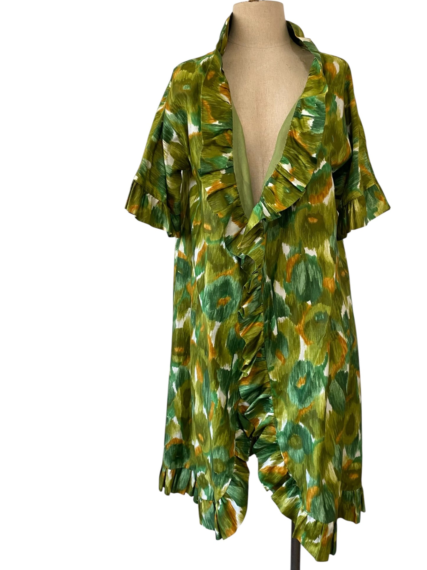 50s 60s Open Coat Abstract Watercolor Print Ruffled Trim
