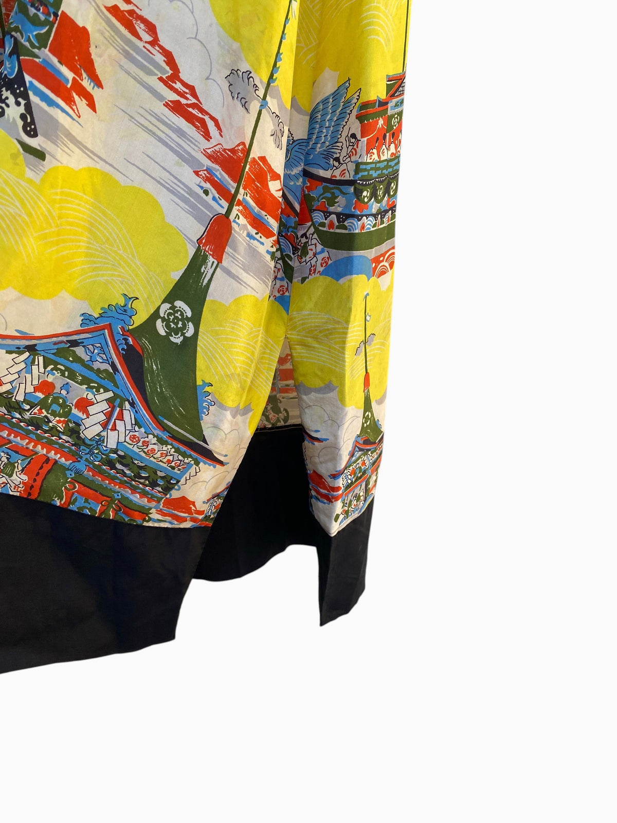 LaliSimone vintage 1940s yellow rayon Pake Muu dress featuring a colorful pagoda and sailing vessel novelty print