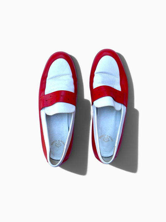 LaliSimone Rose’s Roses red and white Italian leather loafers with classic vamp detailing and comfortable fit.