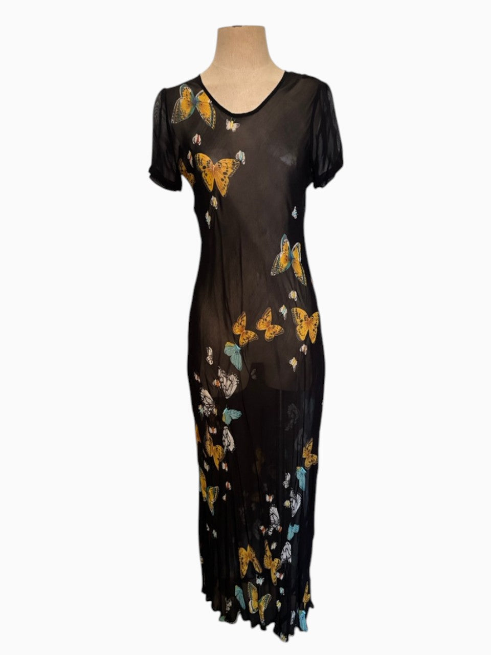 1950s Black Sheer Dress Butterfly Print Embroidered Detail