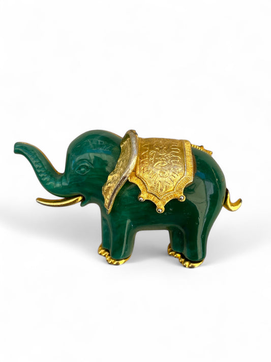 Malachite Elephant Gold Trim Pendant Brooch
