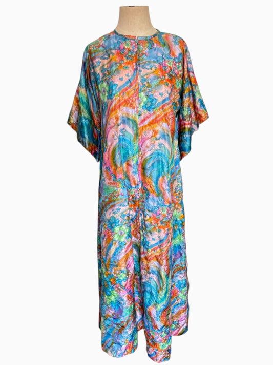 60s Blue Multi Water Color Textural Caftan