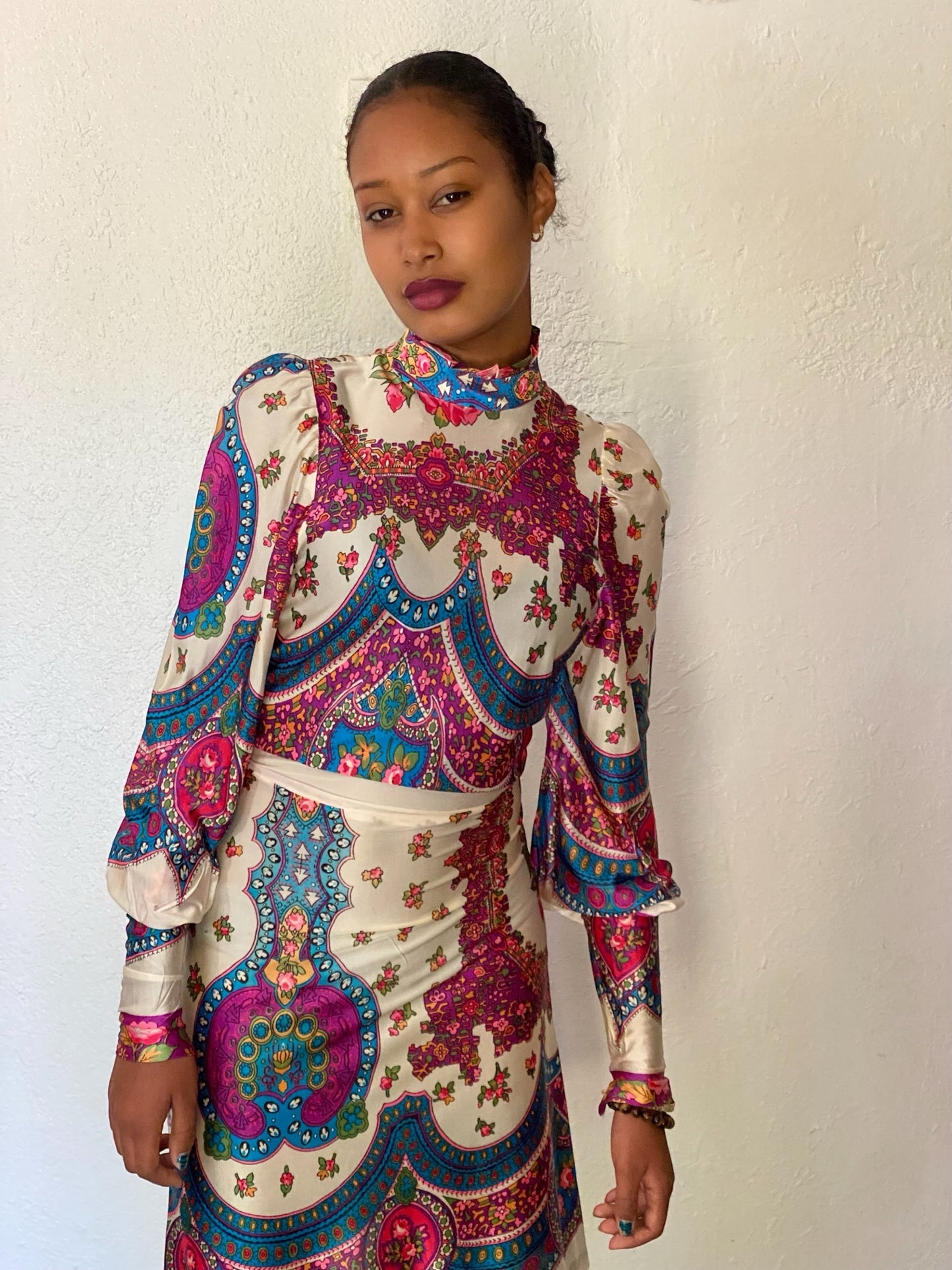 60s Printed Mock Neck Fitted Dress