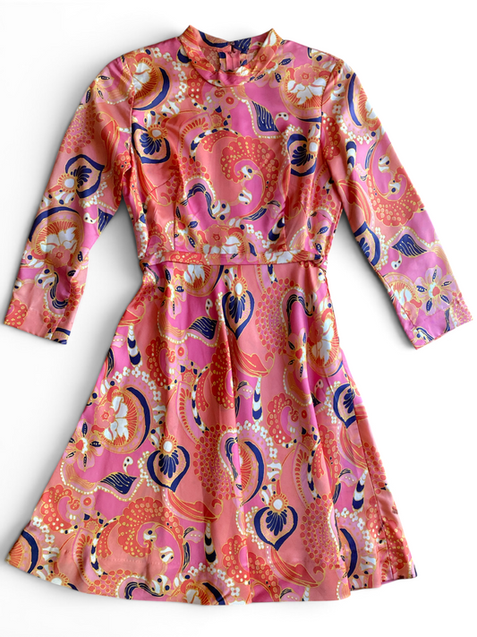 60s Pink Feather Print Dress