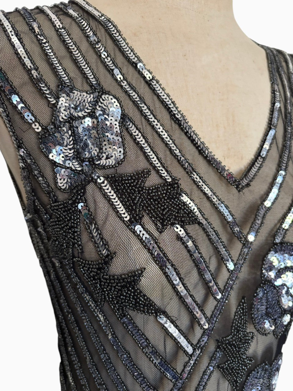 Black Silver 20s Revival Flapper Sheer Dress