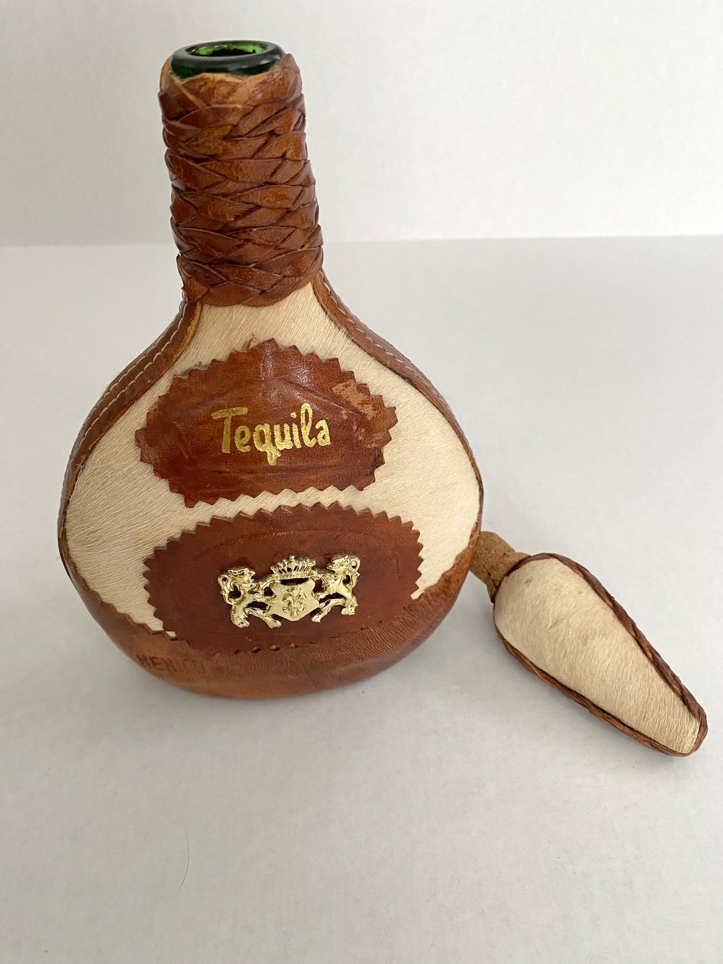 Mid Century Mexican Cowhide Leather Tequila Bottle