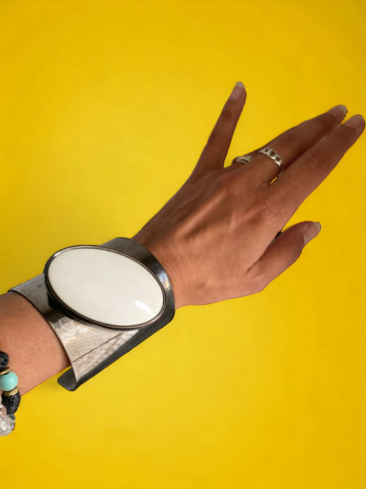Gun Metal Cuff Ivory Resin Oval